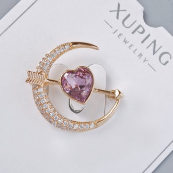 بروش Xuping "قلب" كريستال بنفسجي وفصوص بيضاء 24×27مم، معدن ذهبي، طلاء ذهبي