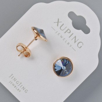 أقراط زر Xuping بكريستالات Swarovski لون أزرق، قطر 10مم مطلية بالذهب 18 قيراط