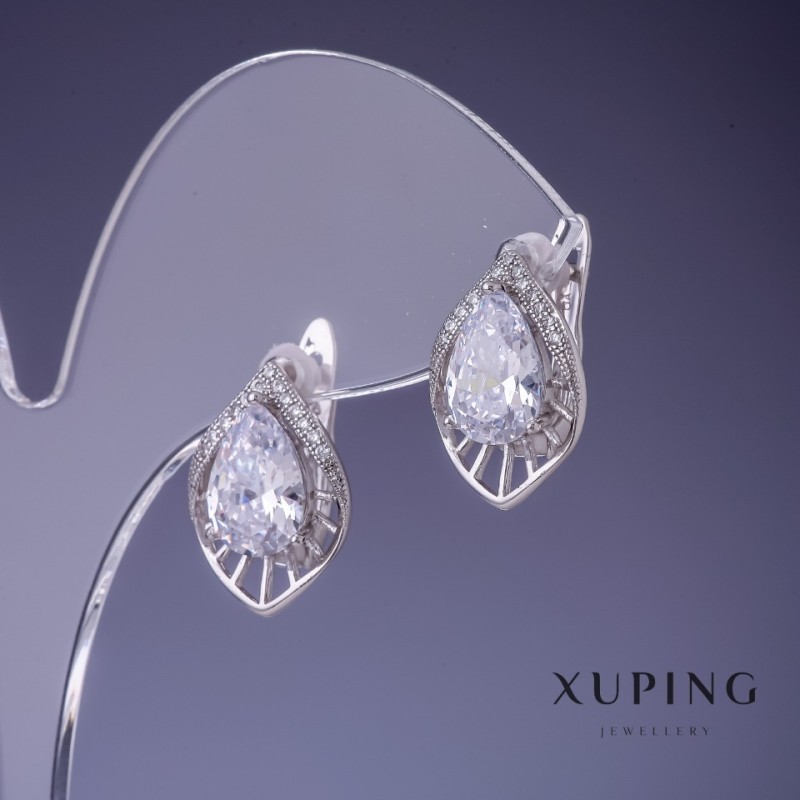 أقراط Xuping بكريستالات بيضاء 18×10 مم روديوم