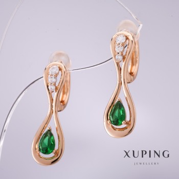 أقراط Xuping بأحجار خضراء 25×8مم مطلية بالذهب عيار 18