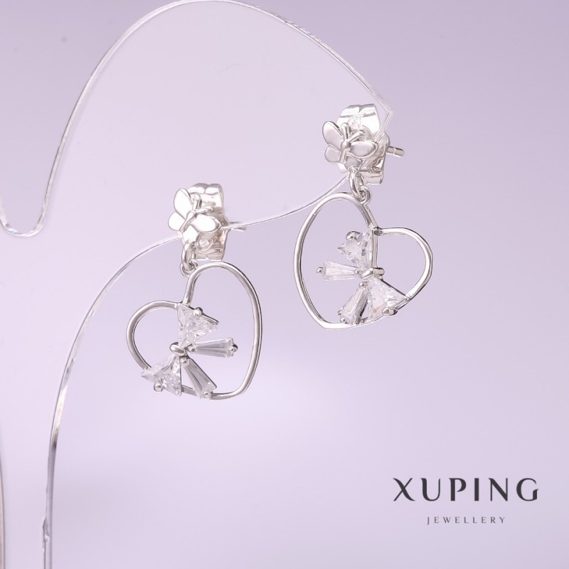 أقراط Xuping قلوب بحجر أبيض 20×15mm روديوم