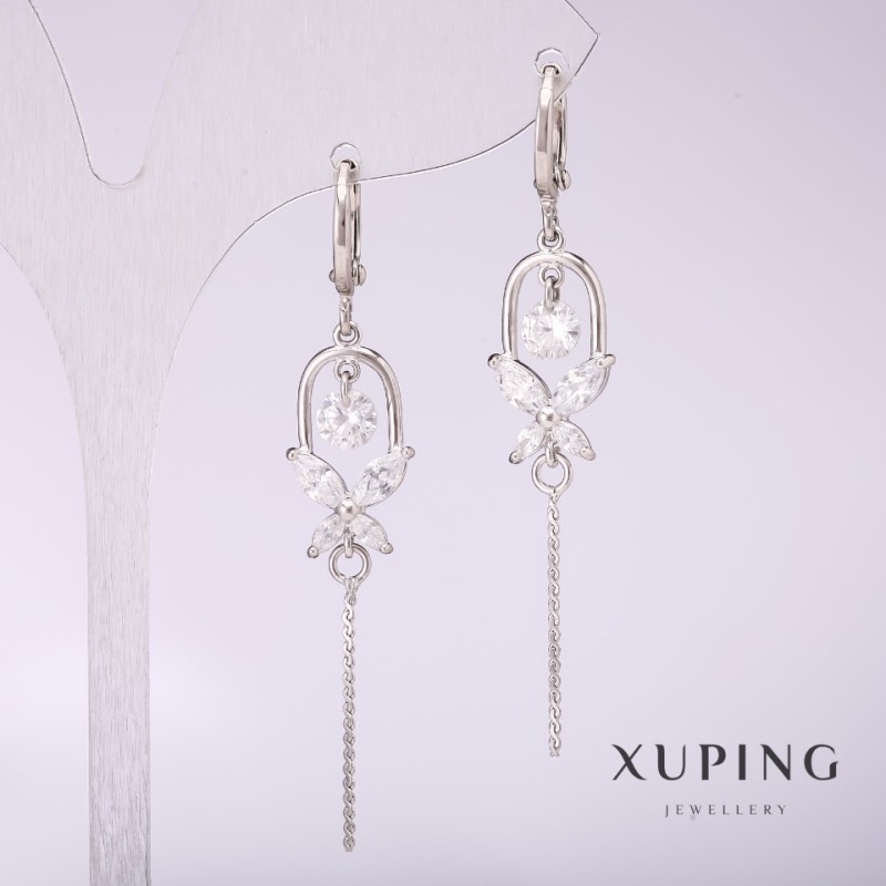 أقراط Xuping بأحجار بيضاء 55x10mm روديوم
