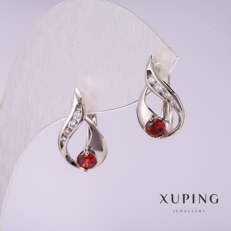 أقراط Xuping بأحجار حمراء 17x10mm روديوم
