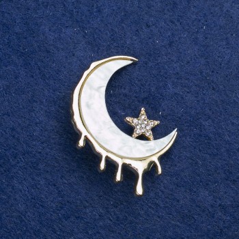 بروش القمر معدن ذهبي، عرق اللؤلؤ وأحجار لامعة 38×27mm +